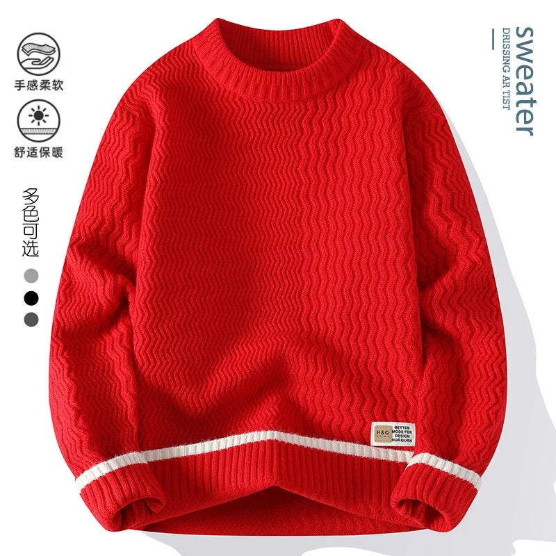 Unisex Rollkragenpullover mit Wellenmuster und Kontraststreifen – Gemütlicher Strickpullover