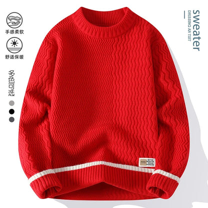 Unisex Rollkragenpullover mit Wellenmuster und Kontraststreifen – Gemütlicher Strickpullover