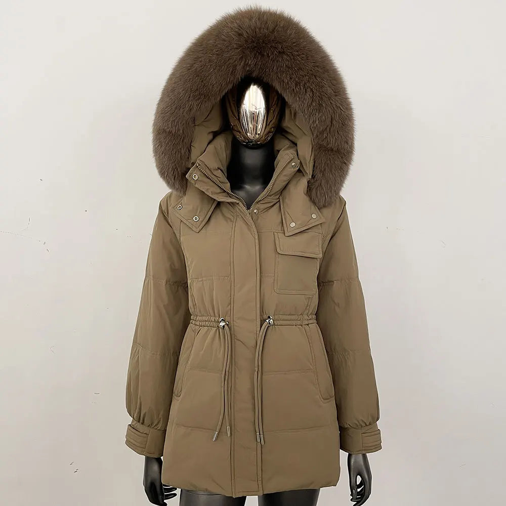 Damen Winter Parka mit Kapuze und Fellkragen Tunnelzug Weiß