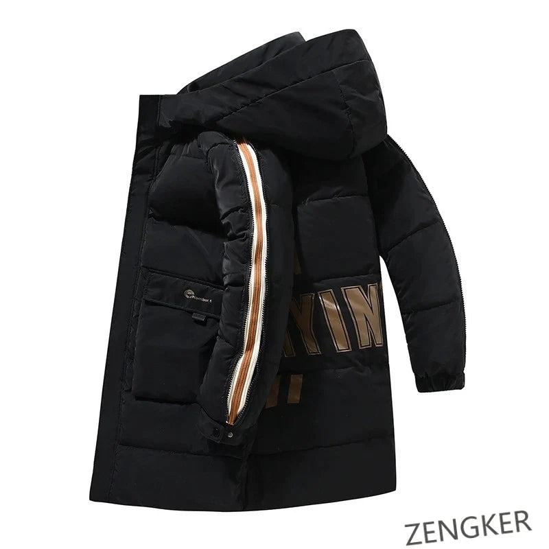 Herren Winterparka Schwarz Lang Gepolstert mit Kapuze