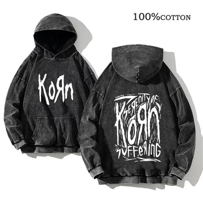 Unisex Kapuzenpullover Grau verwaschen mit Band-Print Vorn & Hinten