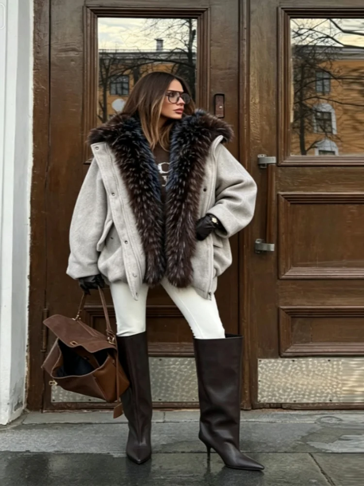 Damen Kurzjacke mit großem Fellkragen Reißverschluss Winter