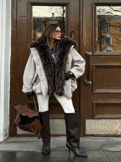 Damen Kurzjacke mit großem Fellkragen Reißverschluss Winter