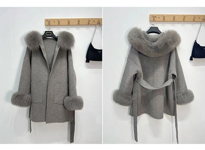 Damen Kurzmantel mit Kapuze und Fellbesatz Bindegürtel & großen Taschen