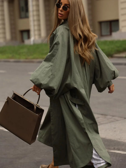 Damen Trenchcoat Lang Locker Weite Ärmel Stehkragen - Khaki