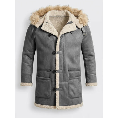 Herren Winterjacke mit Kapuze Pelzimitat Futter Lang Wintermantel Grau