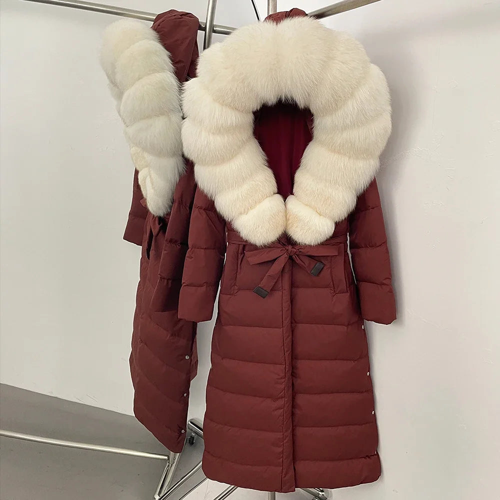 OFTBUY Grote Echte Vos Bontkraag X-Lange Puffer Jas Vrouwen Capuchon Winter Witte Eend Down Jas Dikke Vrouwelijke parka Met Riem