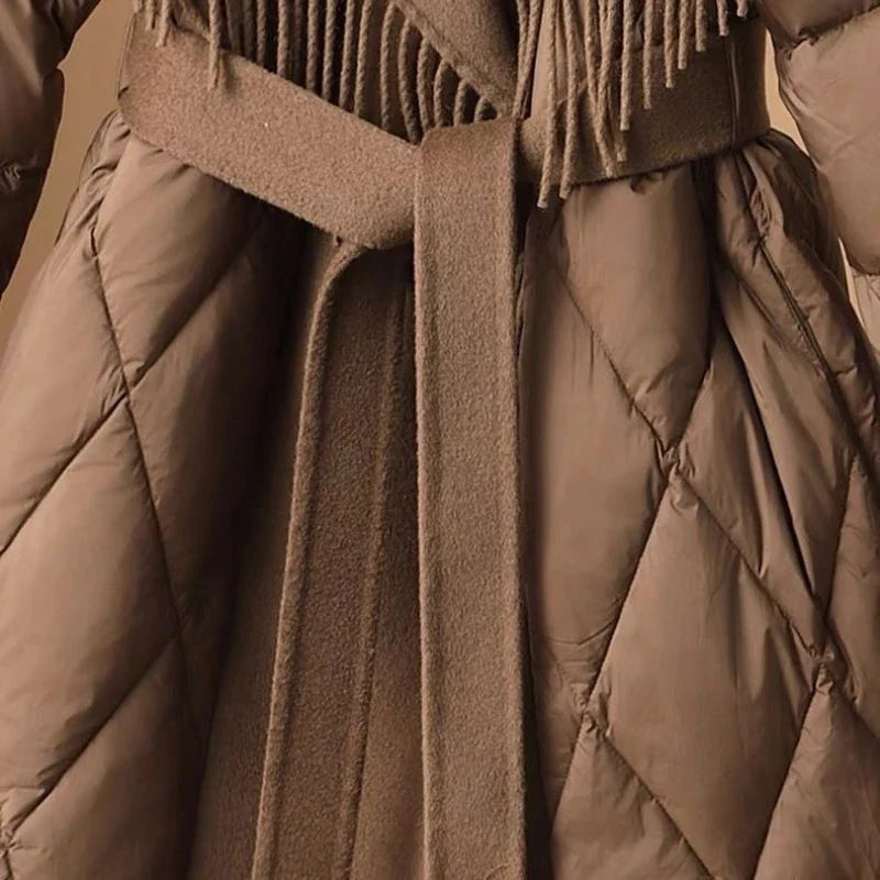 Damen Winter Steppmantel mit Veganer Wollkragen und Fransen – Modischer Koreanischer Stil, Elegant und Warm für Alltag und besondere Anlässe