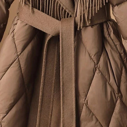 Damen Winter Steppmantel mit Veganer Wollkragen und Fransen – Modischer Koreanischer Stil, Elegant und Warm für Alltag und besondere Anlässe
