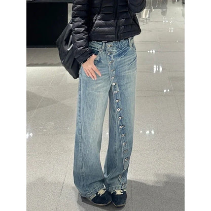 Jeans Damen Weite Beine Hoher Bund Knopfleiste Blau Weit Geschnitten