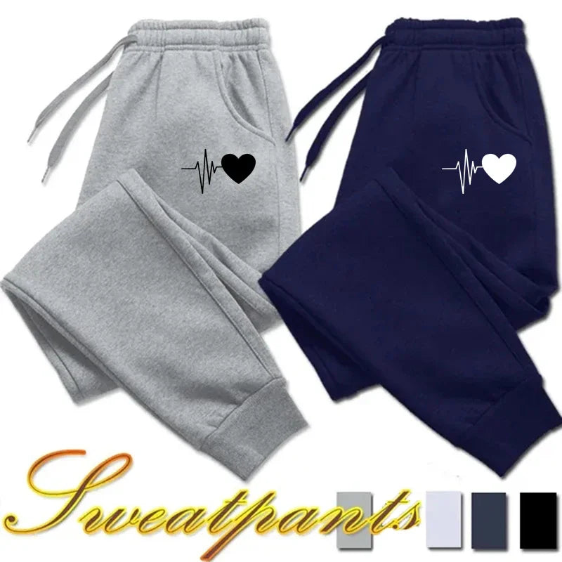 Unisex Jogginghose mit Herzschlag-Print, Kordelzug und Bündchen, Grau Melange