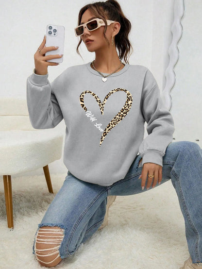 Damen Sweatshirt mit Leopardenherz-Druck Rundhals Langarm Pullover
