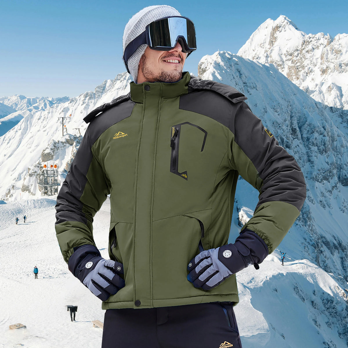 Herren Winterjacke Wasserdicht Skijacke mit Kapuze Outdoor Jacke Warm