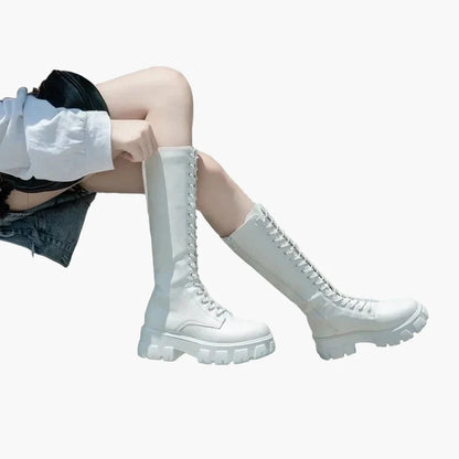 Damen Kniehohe Schnürstiefel mit Plateau – Trendige Chunky Boots für Alltag und Streetstyle