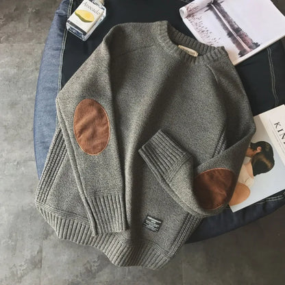 Herren Pullover Rundhals mit Ellbogen-Patches Rippbündchen Strickmuster