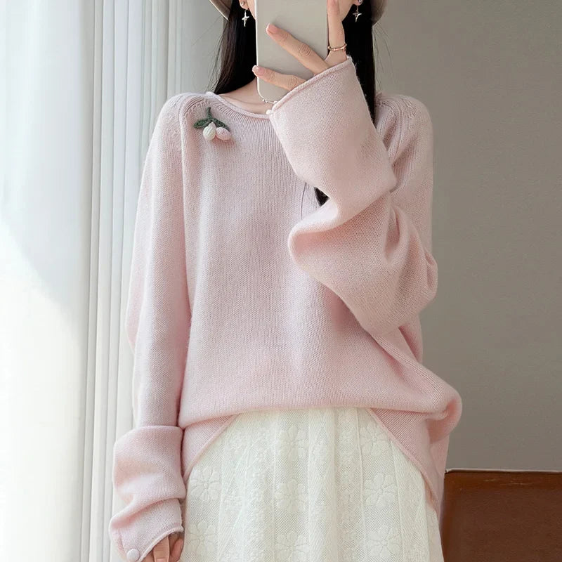 Damen Pullover Langarm Rundhals mit Beeren-Applikation