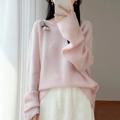 Damen Pullover Langarm Rundhals mit Beeren-Applikation