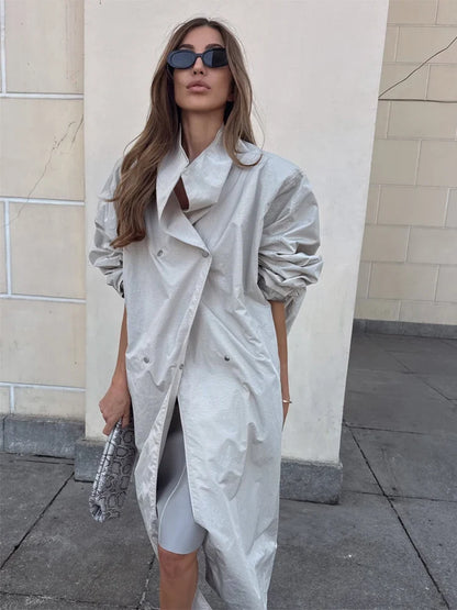 Damen Trenchcoat Lang Übergangsjacke Mantel mit Gürtel
