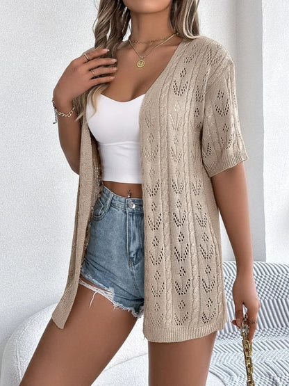 Damen Kurzarm Cardigan Strickjacke Lochmuster Offene Front