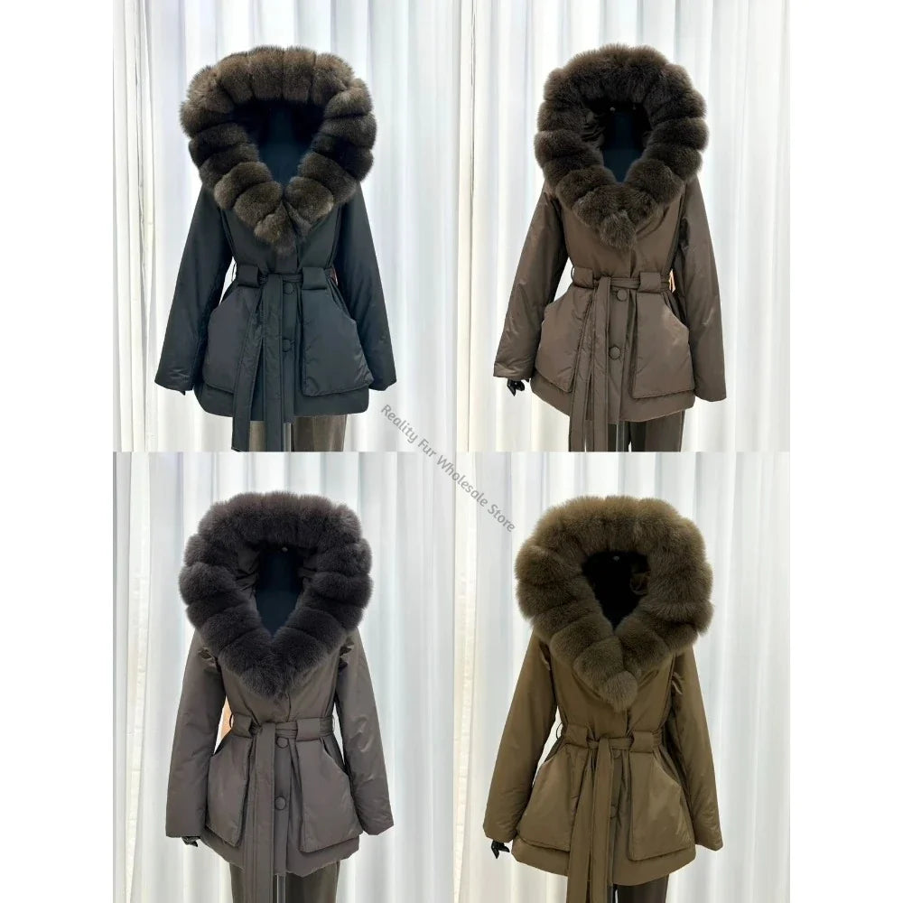 Damen Winterjacke mit Fellkapuze und Bindegürtel, Schwarz