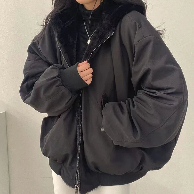 Damen Bomberjacke mit Kapuze Teddyfleece Futter Reißverschluss