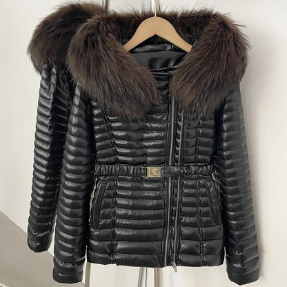 Damen Steppjacke Schwarz mit Pelzkragen & Gürtel, winterliche Outdoor-Jacke mit Reißverschluss