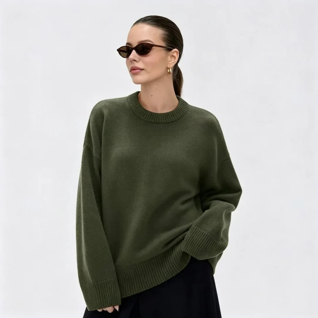 Damen Oversize Rundhals Pullover Langarm Basic Strickpullover