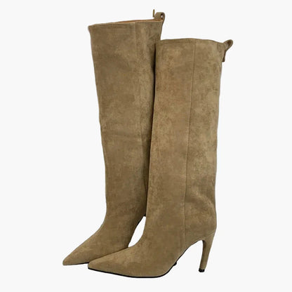 Damen Stiefel mit hohem Absatz und spitzer Zehenpartie – Modische Slouchy Boots für Herbst und Winter