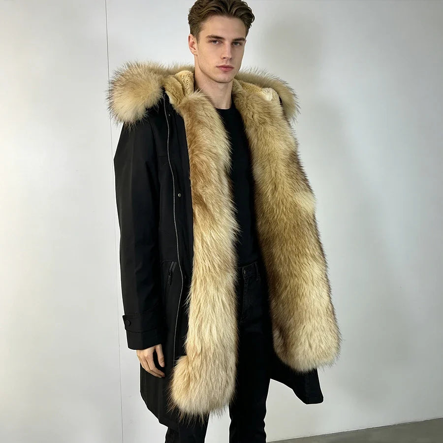 Winterparka Herren Schwarz mit Brauner Kunstfellkapuze und Futter