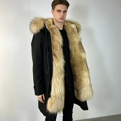Winterparka Herren Schwarz mit Brauner Kunstfellkapuze und Futter