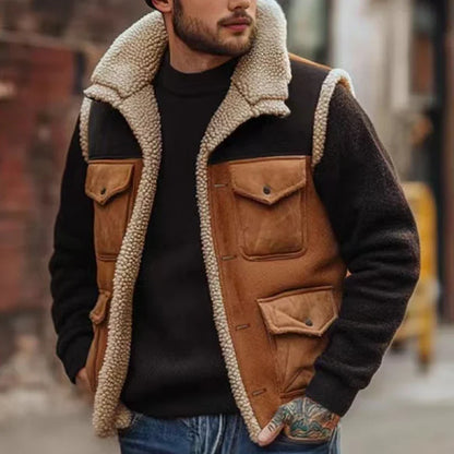 Herren Weste Braun mit Kragen und aufgesetzten Taschen Rustikaler Stil