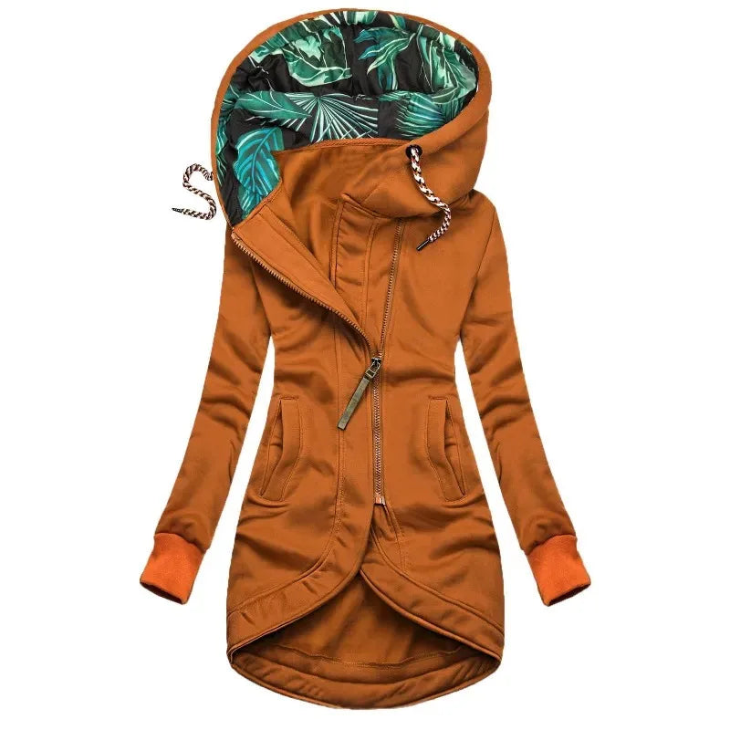 Damen Hoodie Jacke Lang Asymmetrischer Reißverschluss Kapuze mit Blattmuster