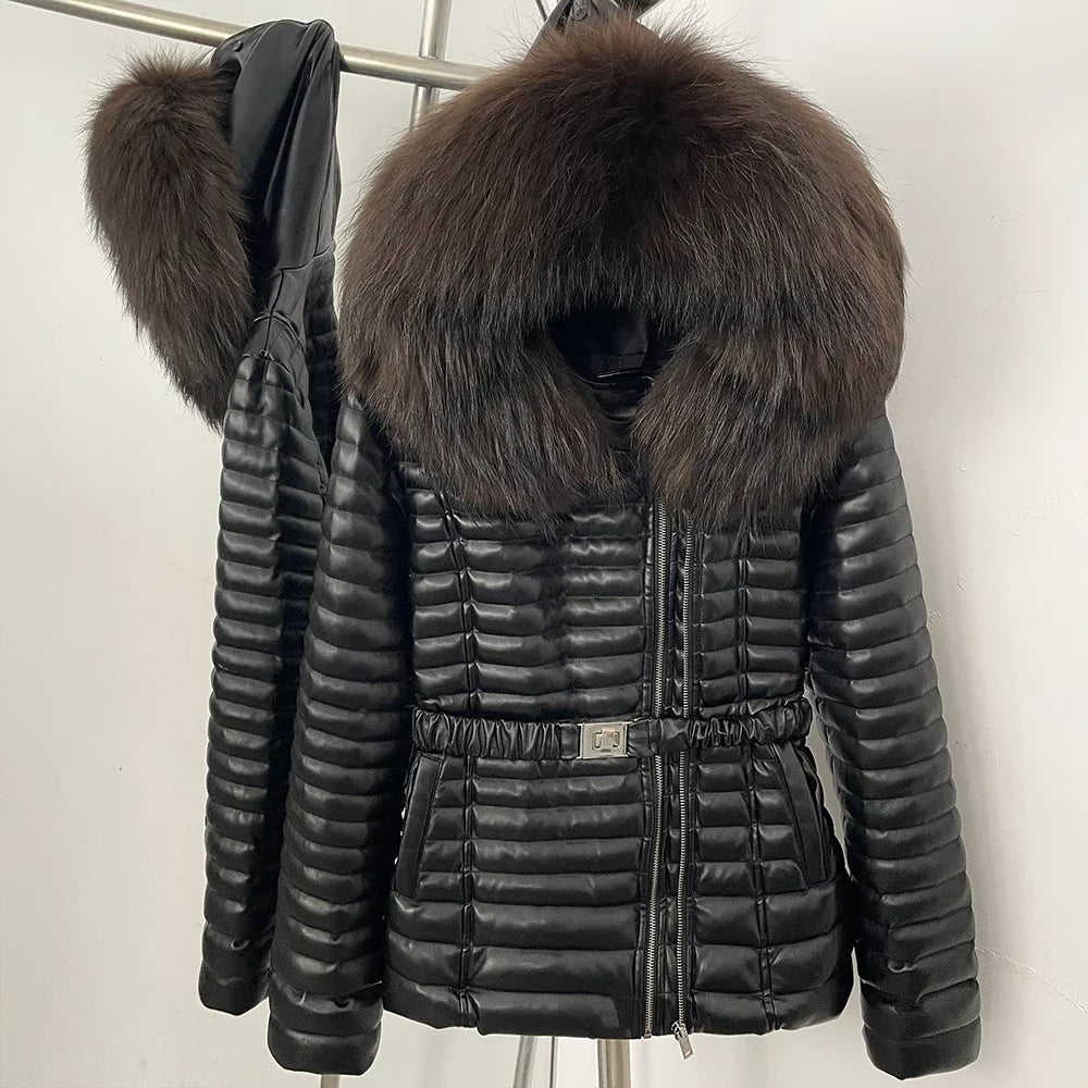 Damen Steppjacke Schwarz mit Pelzkragen & Gürtel, winterliche Outdoor-Jacke mit Reißverschluss