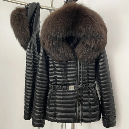Damen Steppjacke Schwarz mit Pelzkragen & Gürtel, winterliche Outdoor-Jacke mit Reißverschluss