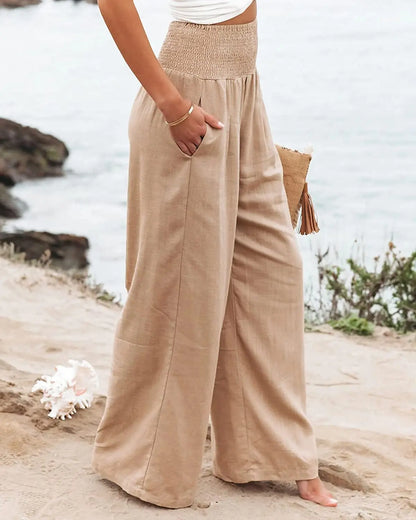Damen Leinenhose mit weitem Bein und gerafftem Bund, lockere Freizeithose
