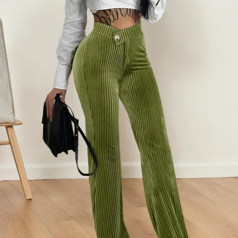 Gerippte Hose mit hoher Taille für Damen – Schlaghose mit weitem Bein, Samtoptik
