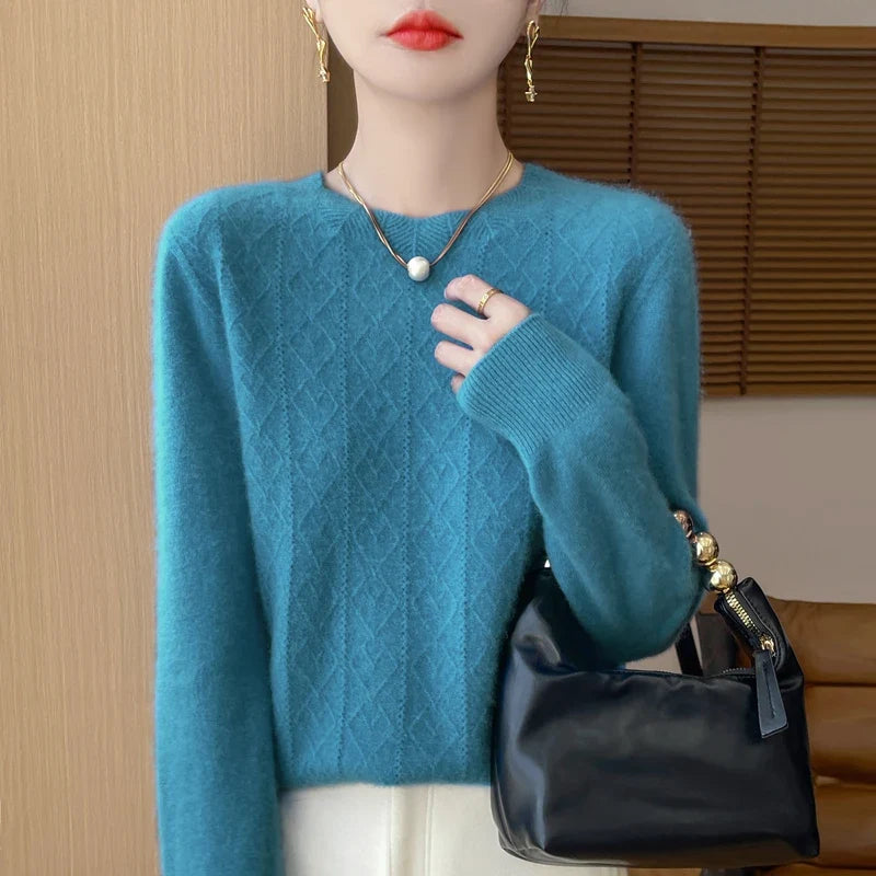 Damen Langarm Pullover mit Rautenmuster, Rundhals, Weiches Material