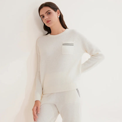 Damen Rundhals Pullover mit Brusttasche & Streifen – Grau