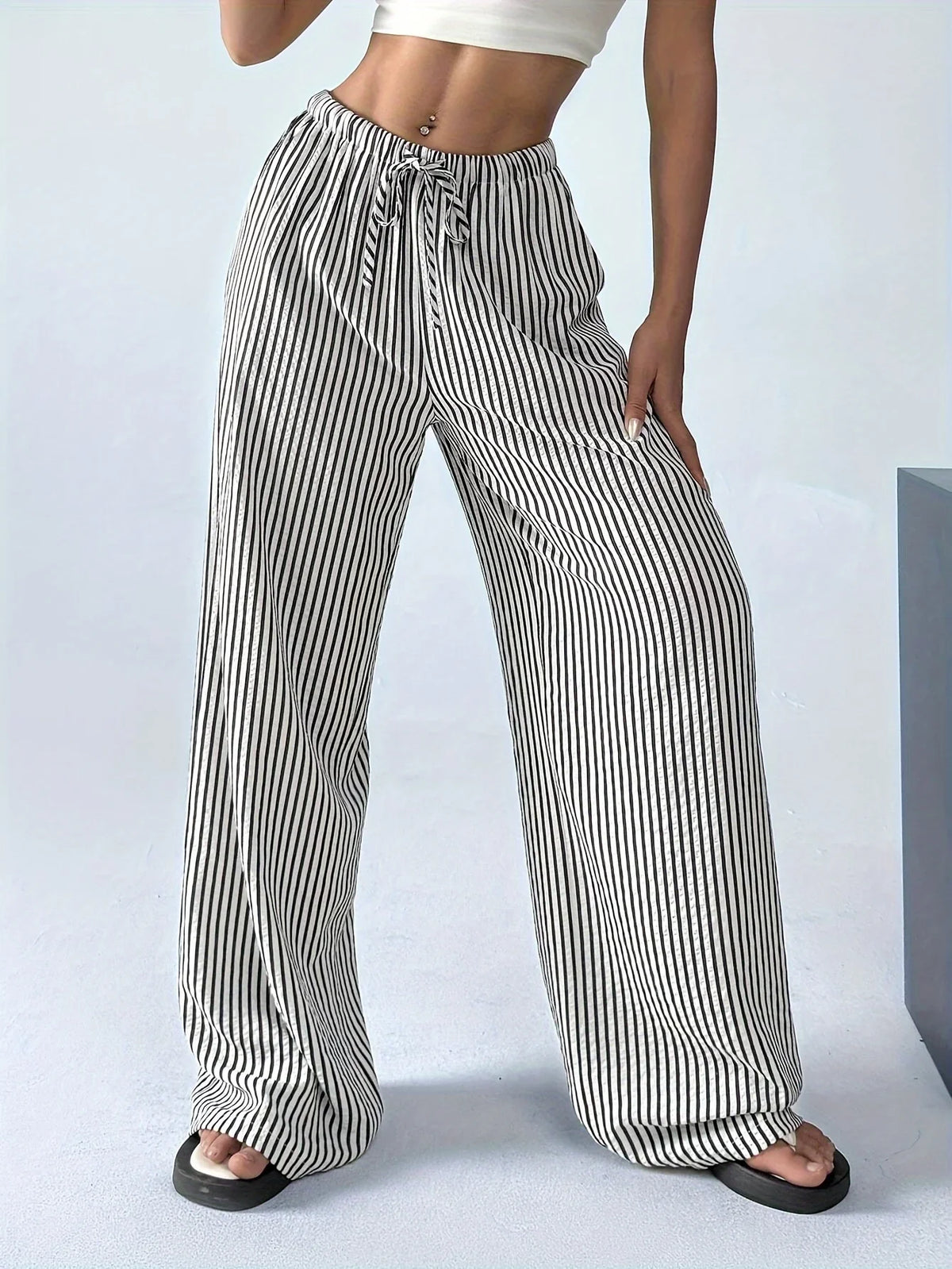 Damen Weite Hosen Schwarz Weiß Gestreift Kordelzug Hohe Taille