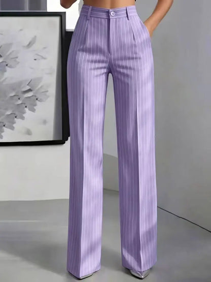 Damen High-Waist Stoffhose mit weitem Bein und Nadelstreifen