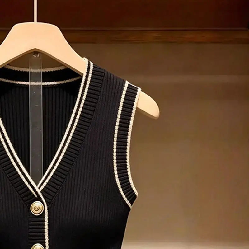 Damen Gerippter Stricktop Ärmellos V-Ausschnitt mit Knopfleiste Schwarz