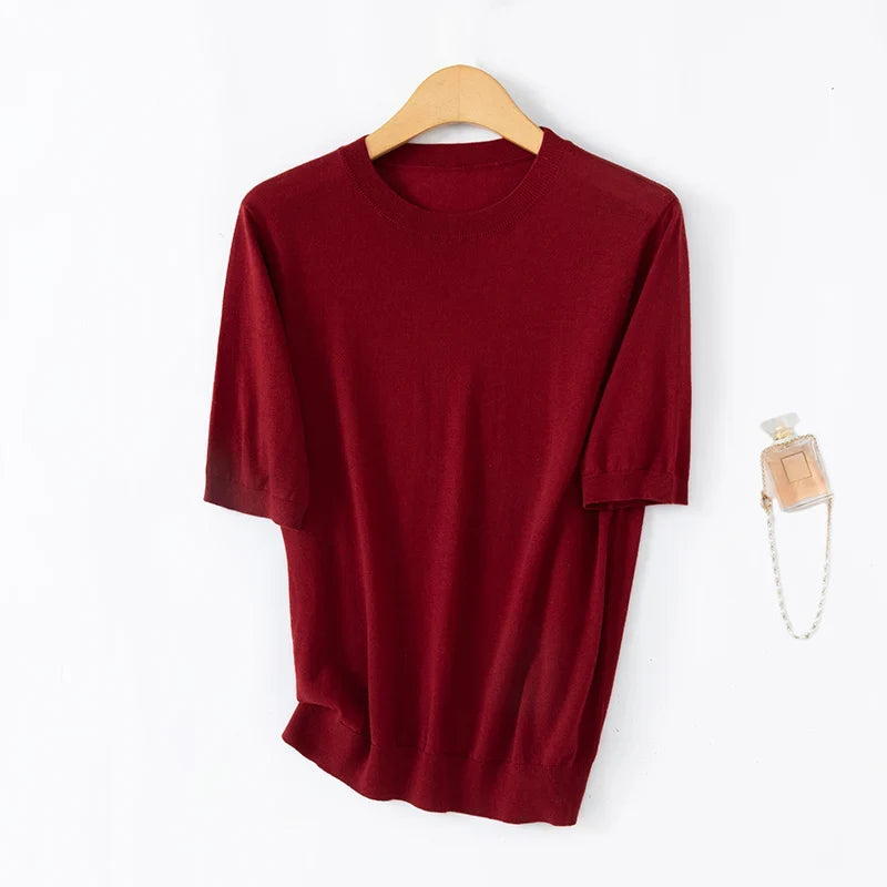 Damen Kurzarm Strickpullover Rundhals Weicher Feinstrick