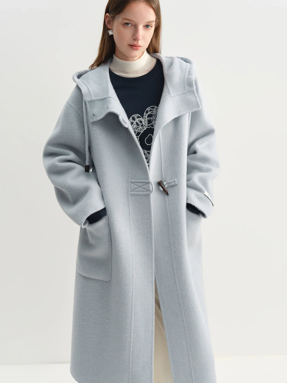 Damen Dufflecoat Langer Wintermantel mit Kapuze und Knebelverschlüssen