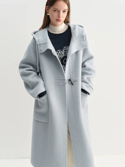 Damen Dufflecoat Langer Wintermantel mit Kapuze und Knebelverschlüssen