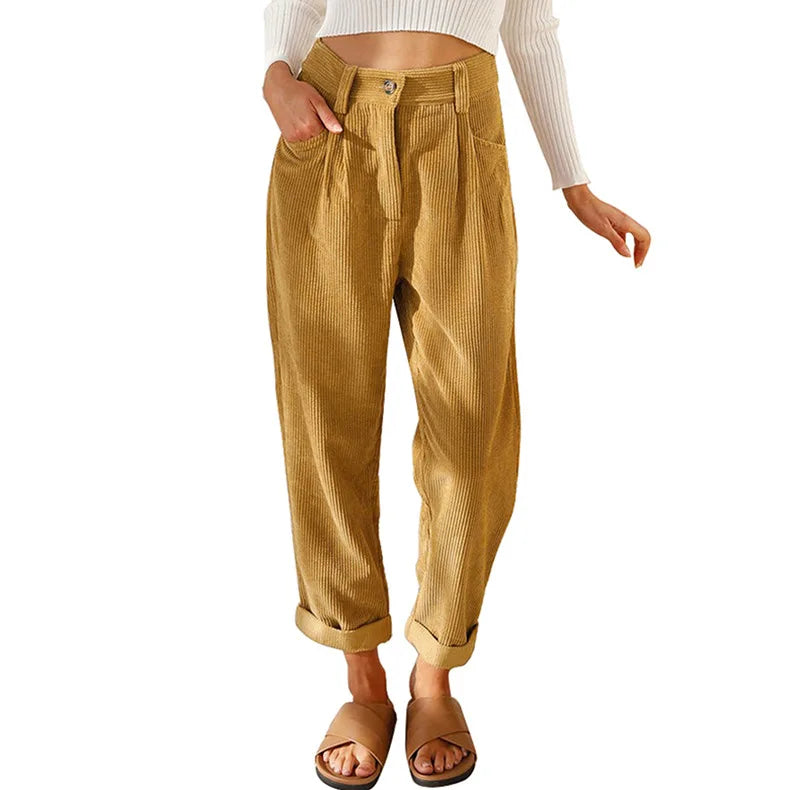 Damen Cordhose Plissee High Waist Cropped-Hose mit Falten