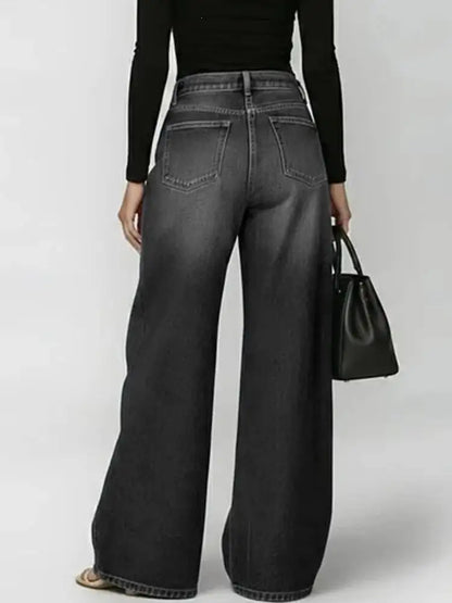 Damen Weite Jeans Hose mit Ösen Details und Hohem Bund