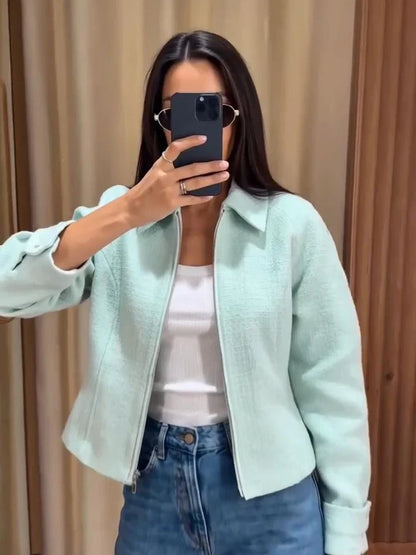 Damen Kurzjacke mit Reißverschluss – Mintgrün Struktur-Optik