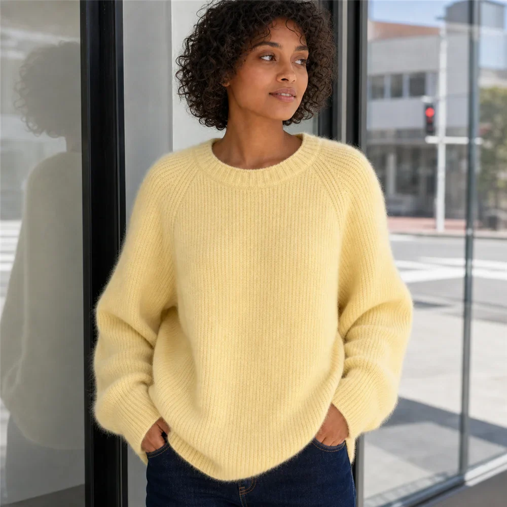 Damen Oversize Rippstrick Pullover Rundhals