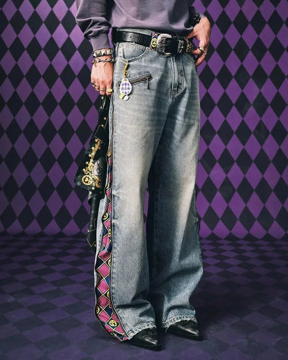 Jeanshose Hellblau Wide-Leg mit Seitenstreifen Muster