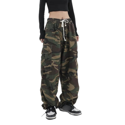 Cargohose Damen Camouflage Grün Weites Bein